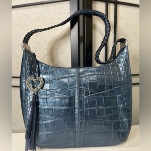 Brighton Blue Croc-Embossed Leather Shoulder Bag- Authentic #E812597
